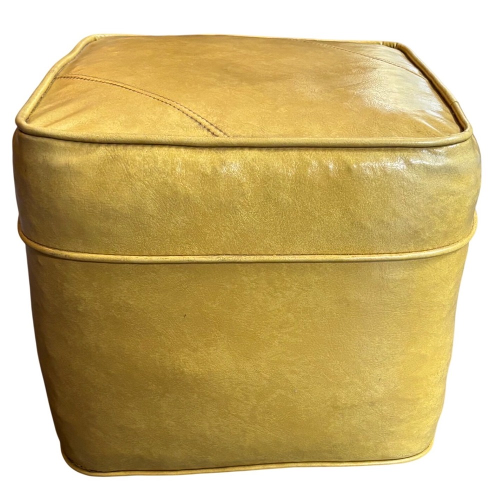 Vintage Mustard Yellow Vinyl Square Ottoman | MCM Footstool | FLAWS-see pics